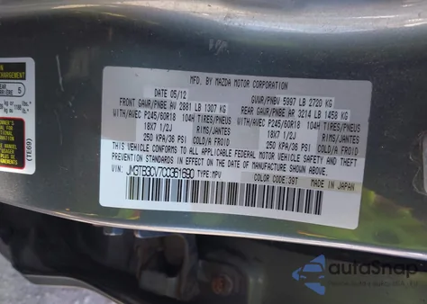 2012 Mazda Cx-9 Touring z USA, uszkodzony, nr VIN JM3TB3CV7C0361690